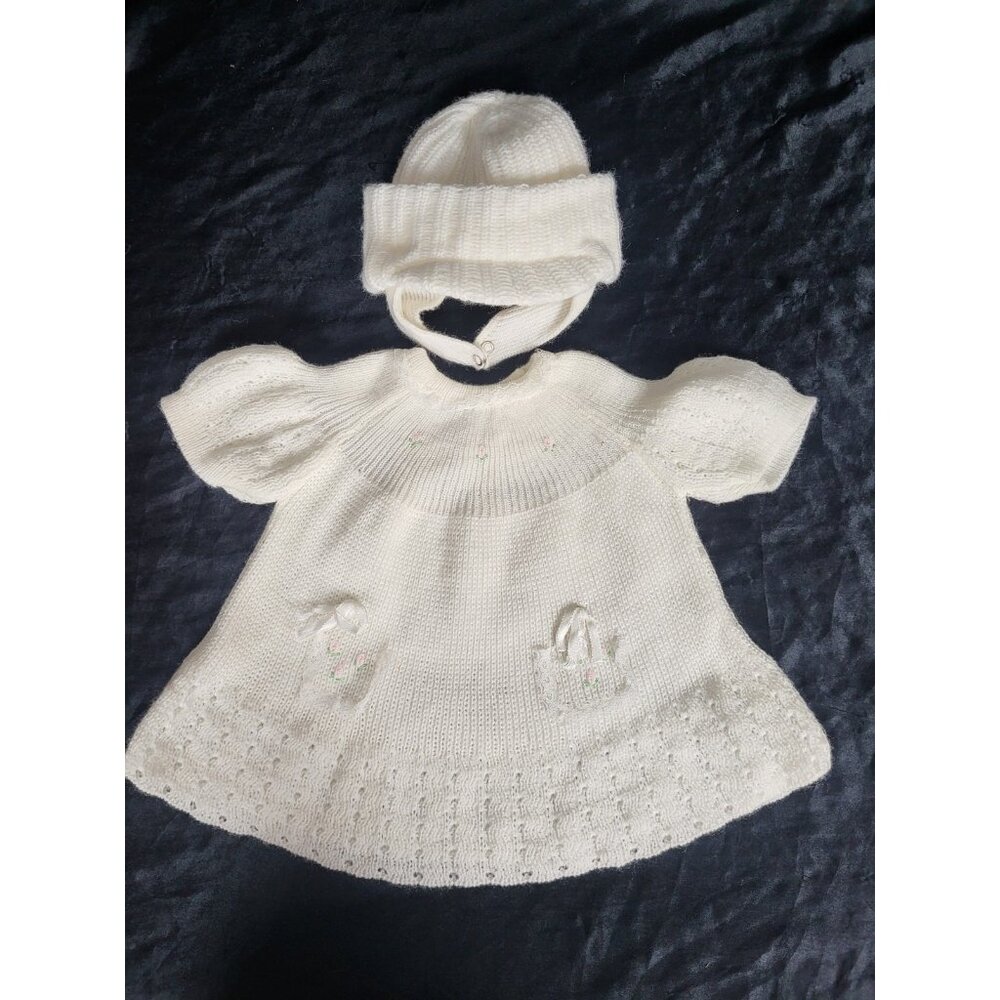 Vintage Baby Infant Girl knitted Set SWEATER and HAT 9-12 mos Friemanit